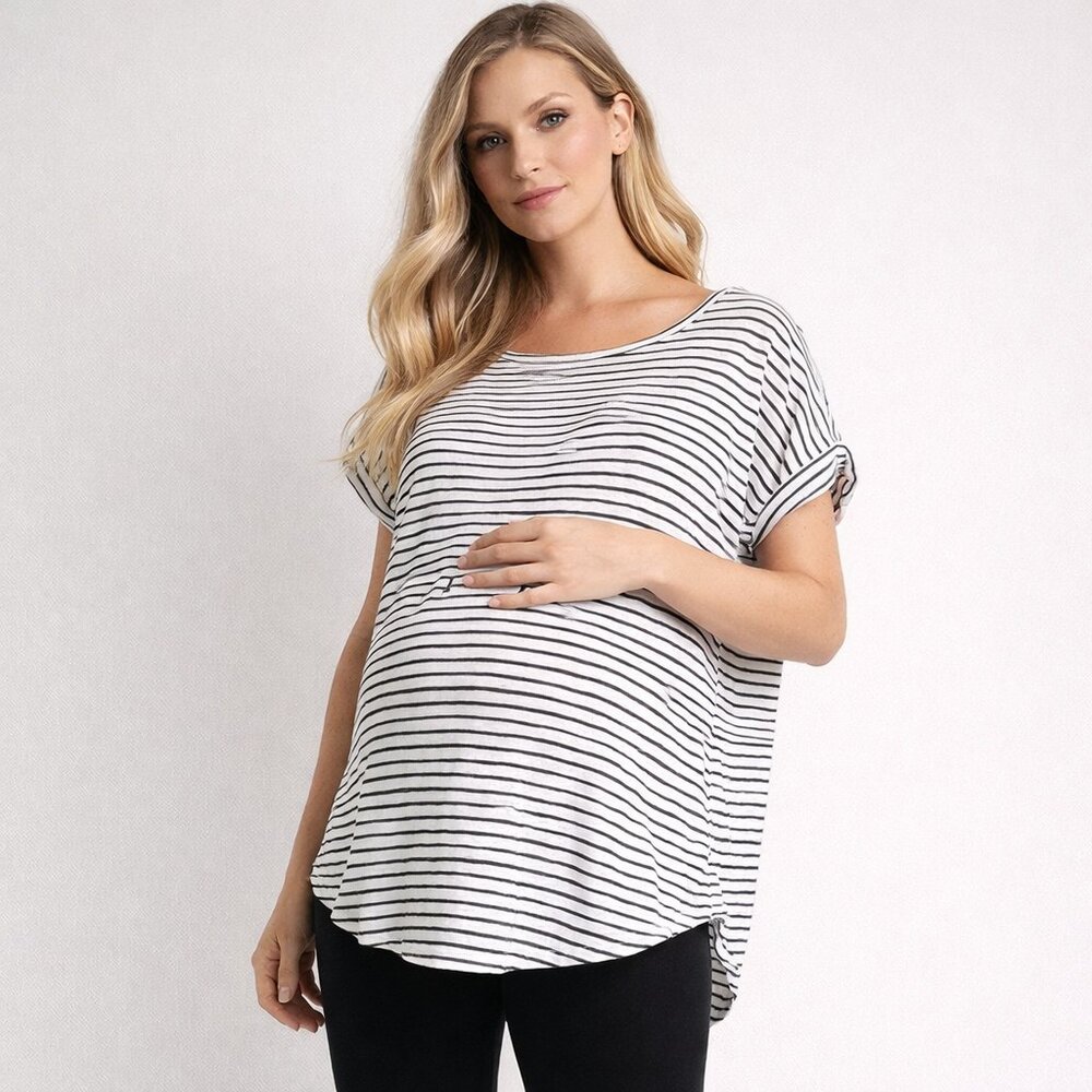 HATCH Black & White Striped Linen Tee Size One